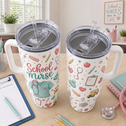 School Nurse 40oz Tumbler with Handle - Cute Healthcare Appreciation Gift for School Nurses