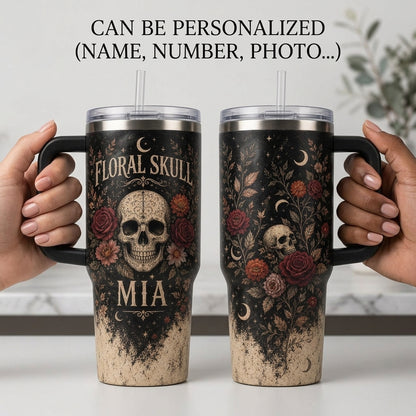 Personalized Floral Skull 40oz Tumbler with Handle, Gothic Rose Celestial Design Custom Name Travel Mug