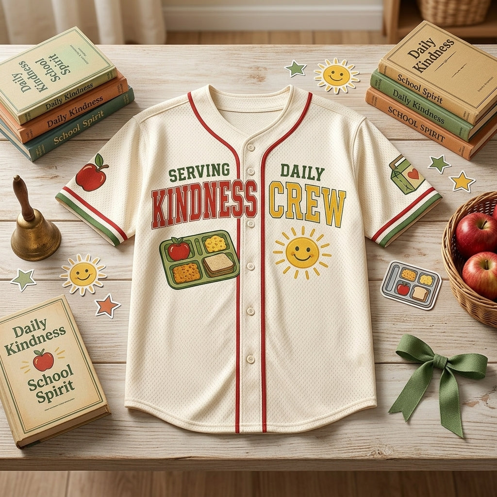 Personalized Lunch Crew Serving Kindness Daily Baseball Jersey - Custom Name Cafeteria Staff Gift
