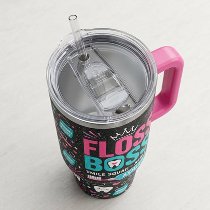Personalized Floss Boss 40oz Tumbler with Handle - Custom Name Smile Squad Gift for Dental Hygienist