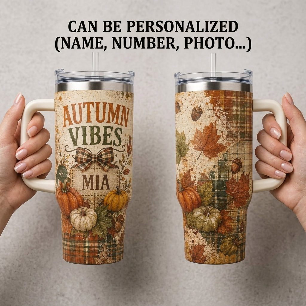 Personalized Autumn Vibes 40oz Tumbler with Handle, Custom Name Fall Harvest Pumpkins Travel Mug