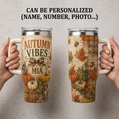 Personalized Autumn Vibes 40oz Tumbler with Handle, Custom Name Fall Harvest Pumpkins Travel Mug