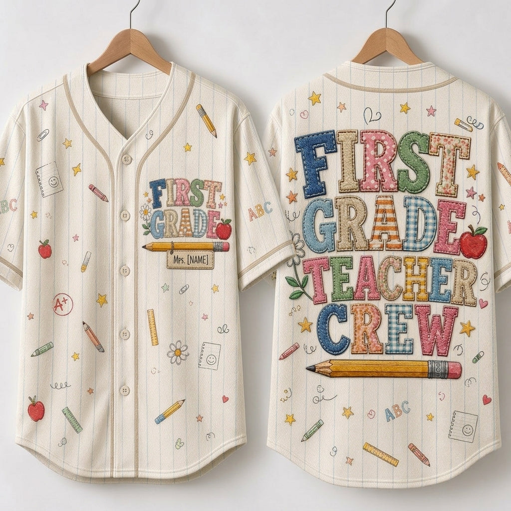 Personalized First Grade Teacher Crew Baseball Jersey - Custom School Spirit Shirt for 1st Grade Educators