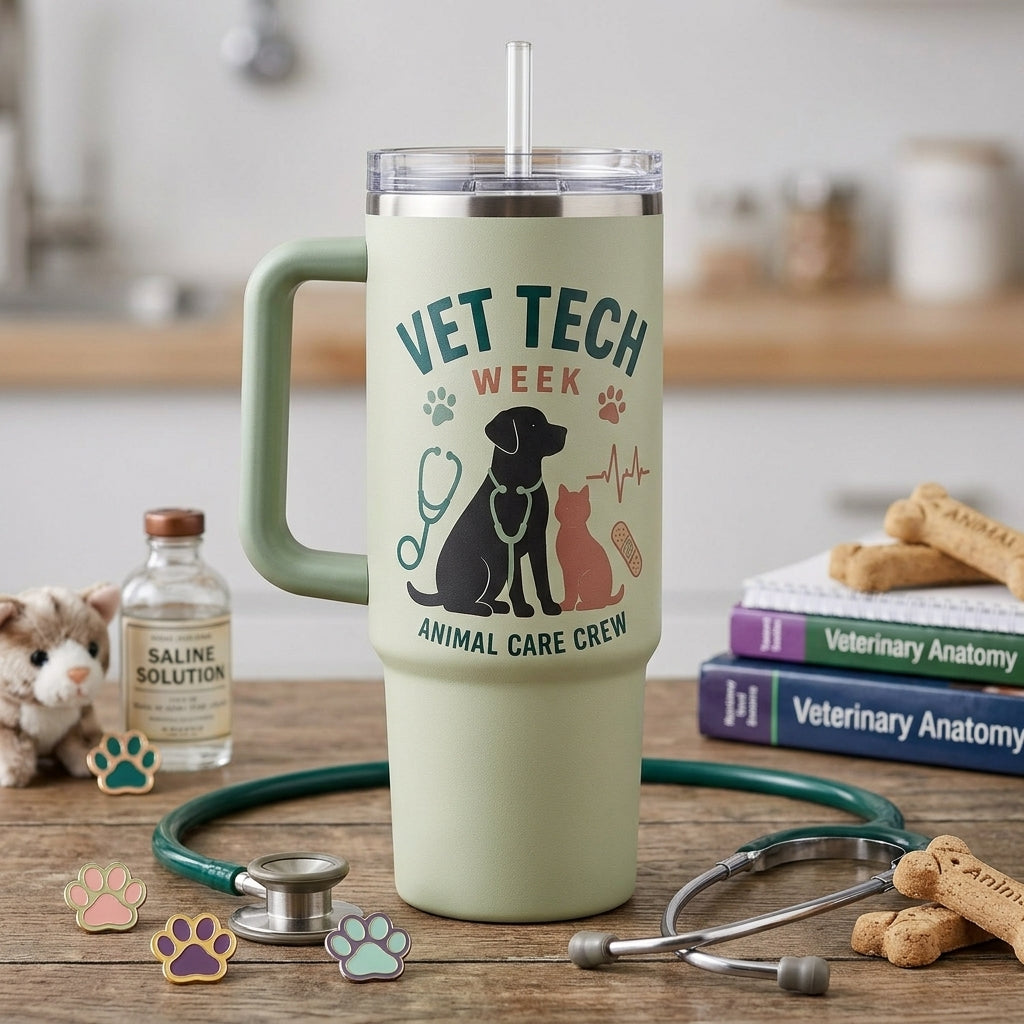 Personalized Vet Tech Week 40oz Tumbler with Handle - Custom Name Animal Care Crew Gift