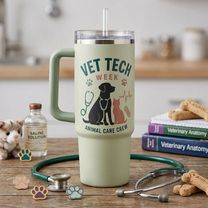 Personalized Vet Tech Week 40oz Tumbler with Handle - Custom Name Animal Care Crew Gift