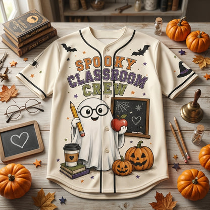 Personalized Spooky Classroom Crew Teacher Halloween Baseball Jersey - Custom Name Ghost Print Shirt