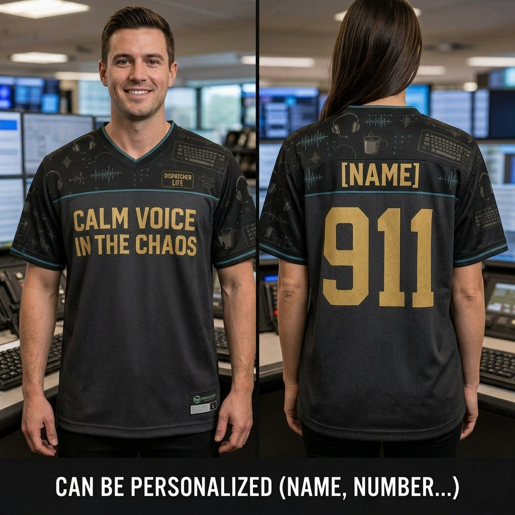 Personalized 911 Dispatcher Football Jersey - Custom Name Calm Voice in the Chaos Mesh Shirt