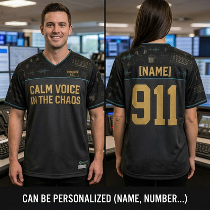 Personalized 911 Dispatcher Football Jersey - Custom Name Calm Voice in the Chaos Mesh Shirt