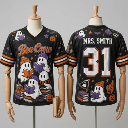 Personalized Boo Crew Halloween Teacher Football Jersey - Custom Ghost Reading Jersey for Librarians