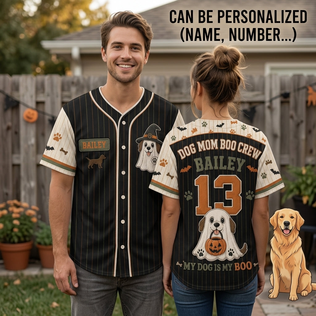 Personalized Dog Mom Boo Crew Baseball Jersey - Custom Name and Number Spooky Ghost Dog Halloween Shirt