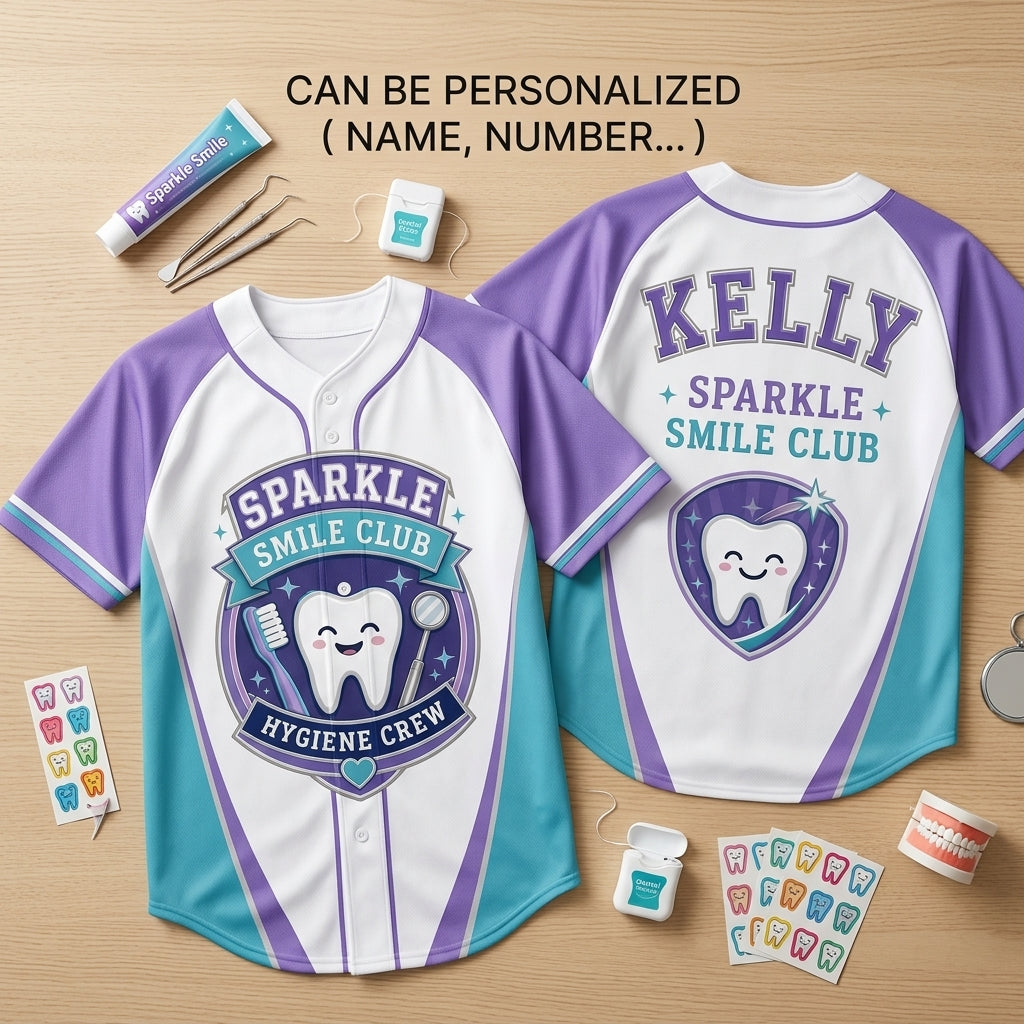 Personalized Dental Hygienist Baseball Jersey - Custom Name Sparkle Smile Club Hygiene Crew Sporty Shirt
