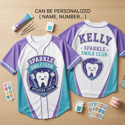 Personalized Dental Hygienist Baseball Jersey - Custom Name Sparkle Smile Club Hygiene Crew Sporty Shirt