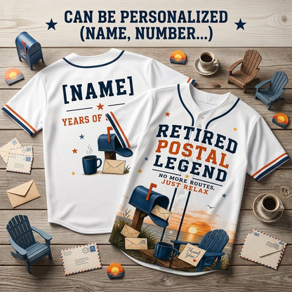 Personalized Retired Postal Legend Baseball Jersey - Custom Name & Years of Service Mail Carrier Retirement Gift