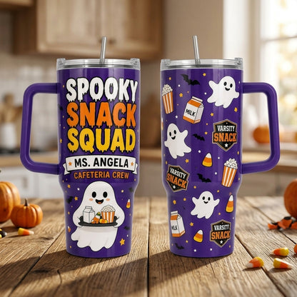 Personalized Spooky Snack Squad 40oz Tumbler with Handle - Custom Name Cafeteria Crew Halloween Cup