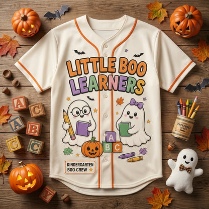 Personalized Little Boo Learners Halloween Baseball Jersey - Custom Teacher Ghost Crew Shirt 2026