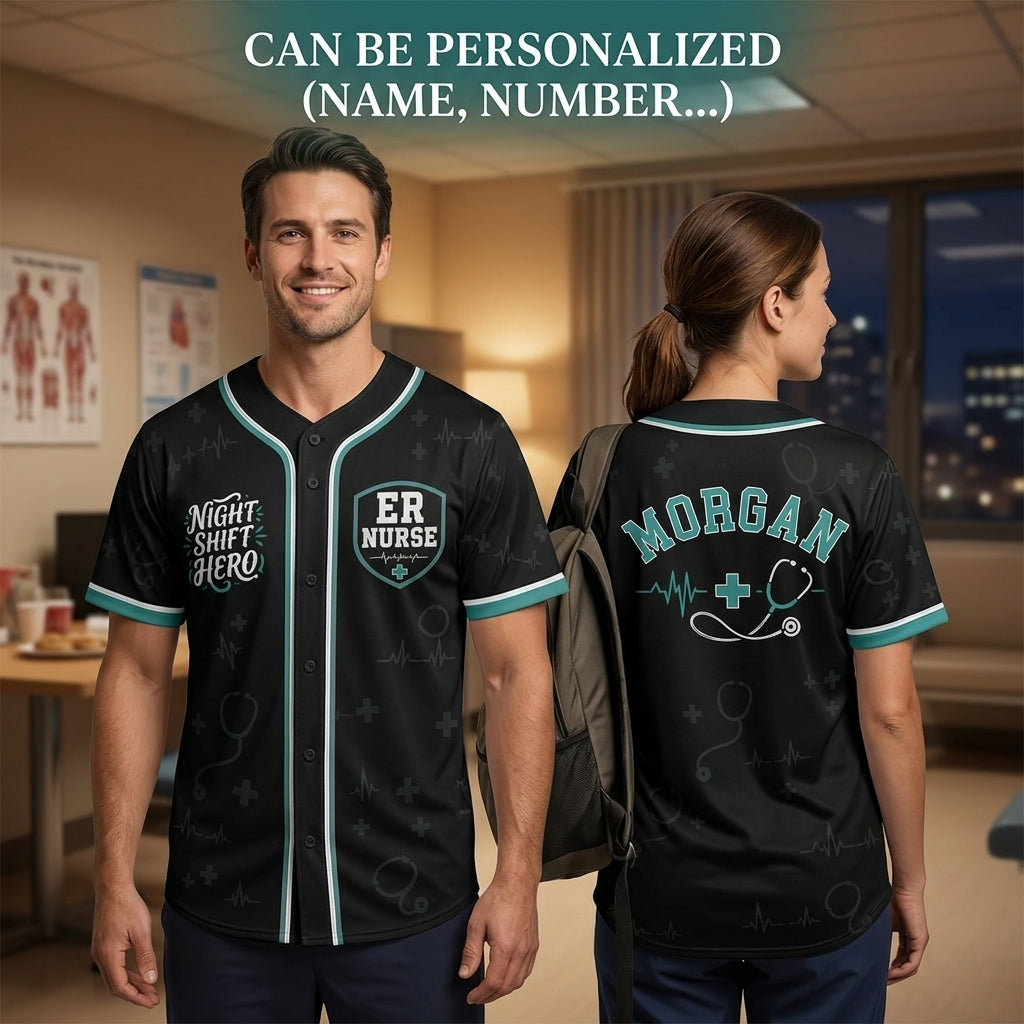Personalized ER Nurse Night Shift Hero Baseball Jersey - Custom Name Medical Professional Athletic Shirt