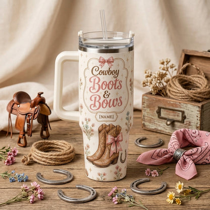 Personalized Cowboy Boots and Bows 40oz Tumbler with Handle - Custom Name Western Coquette Gift