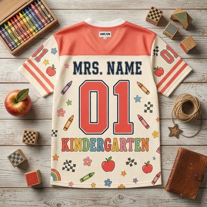 Personalized Kindergarten Teacher Mesh Football Jersey - Custom Name Kinder Crew Back to School Shirt