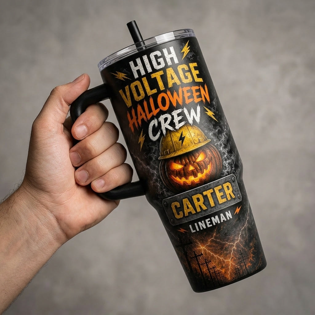 Personalized Lineman High Voltage Halloween Crew 40oz Tumbler with Handle - Custom Name Gift