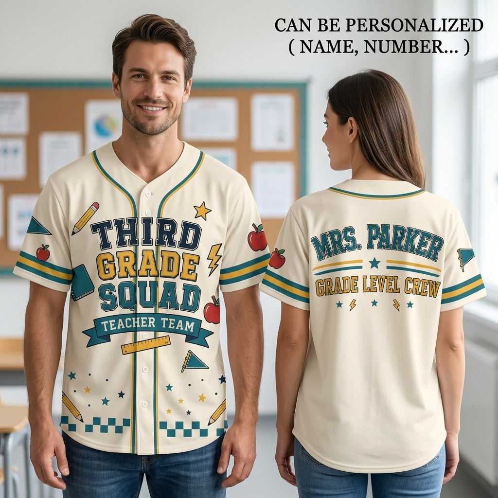 Personalized Third Grade Squad Teacher Baseball Jersey - Custom Name Back-to-School Grade Level Crew Uniform