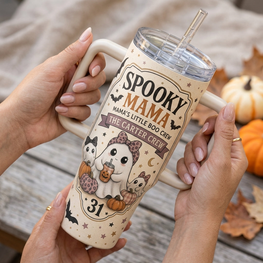 Personalized Spooky Mama 40oz Tumbler with Handle - Custom Family Name Mama's Little Boo Crew Halloween Gift