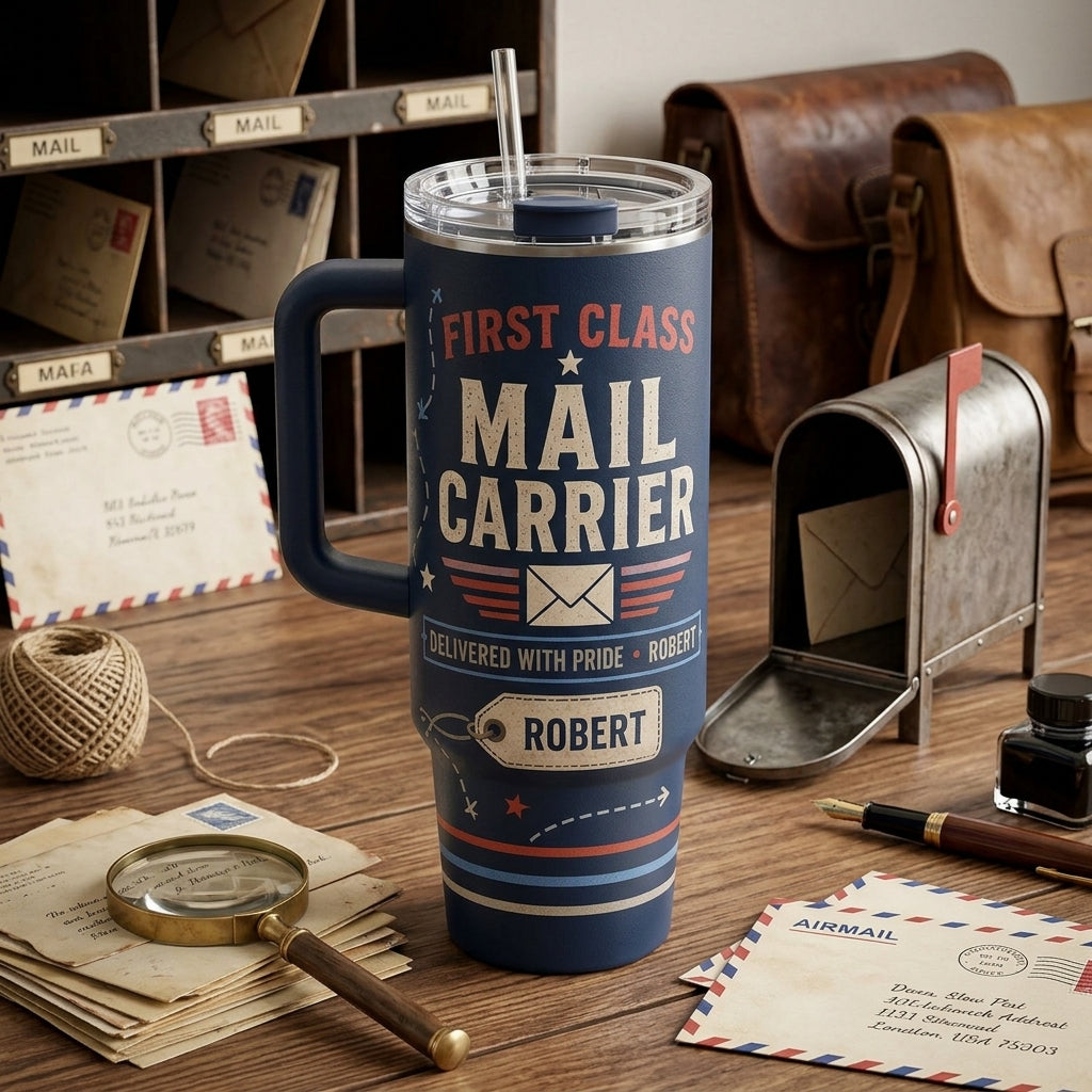 Personalized First Class Mail Carrier 40oz Tumbler with Handle - Custom Name Postal Worker Gift