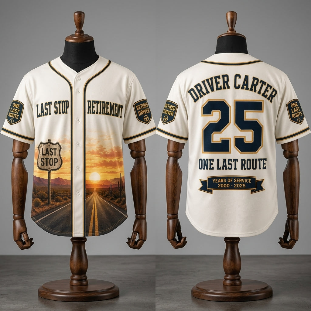 Personalized Driver Retirement Baseball Jersey - Custom Name & Years of Service Last Stop Gift