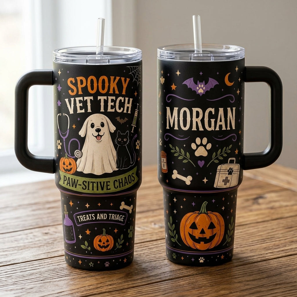 Personalized Spooky Vet Tech 40oz Tumbler with Handle - Custom Name Halloween Veterinary Gift