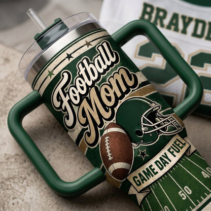Personalized Football Mom 40oz Tumbler with Handle - Custom Name and Number Game Day Gift
