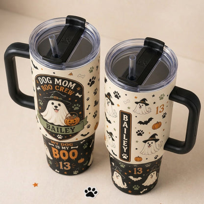 Personalized Dog Mom Boo Crew Halloween 40oz Tumbler with Handle - Custom Ghost Dog Name Travel Mug