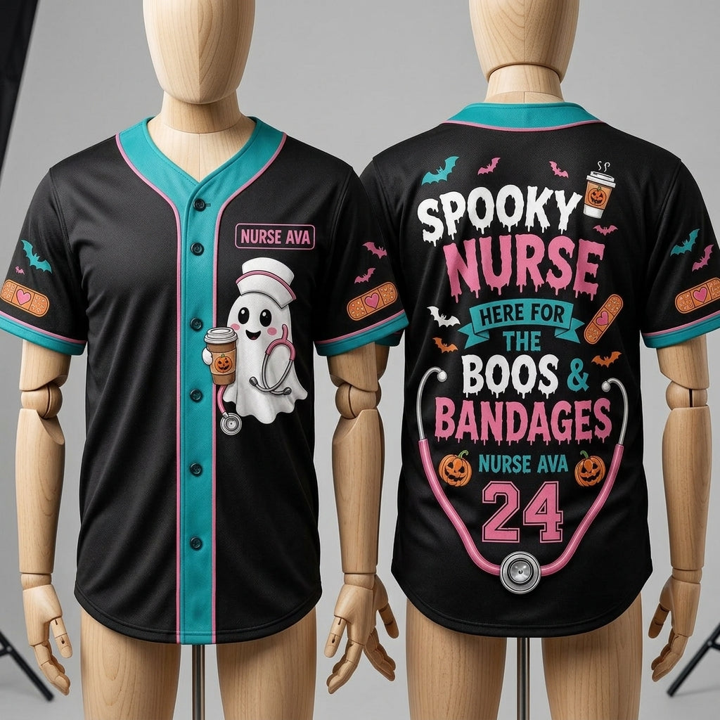 Personalized Spooky Nurse Baseball Jersey - Custom Name & Number Halloween Shirt - Here for the Boos and Bandages