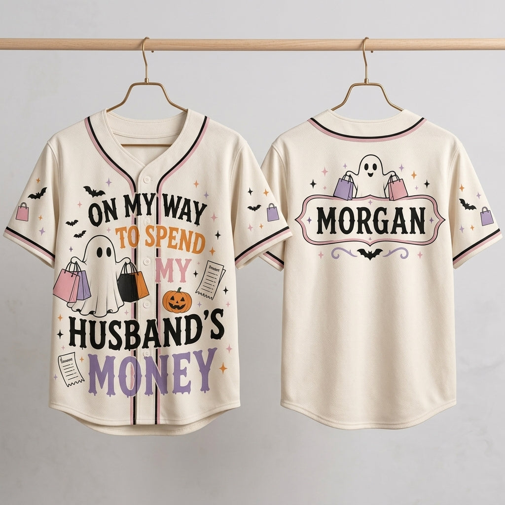 Personalized Spooky Shopping Ghost Baseball Jersey - Custom Name Funny Halloween Wife Gift Shirt