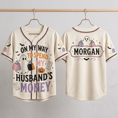 Personalized Spooky Shopping Ghost Baseball Jersey - Custom Name Funny Halloween Wife Gift Shirt