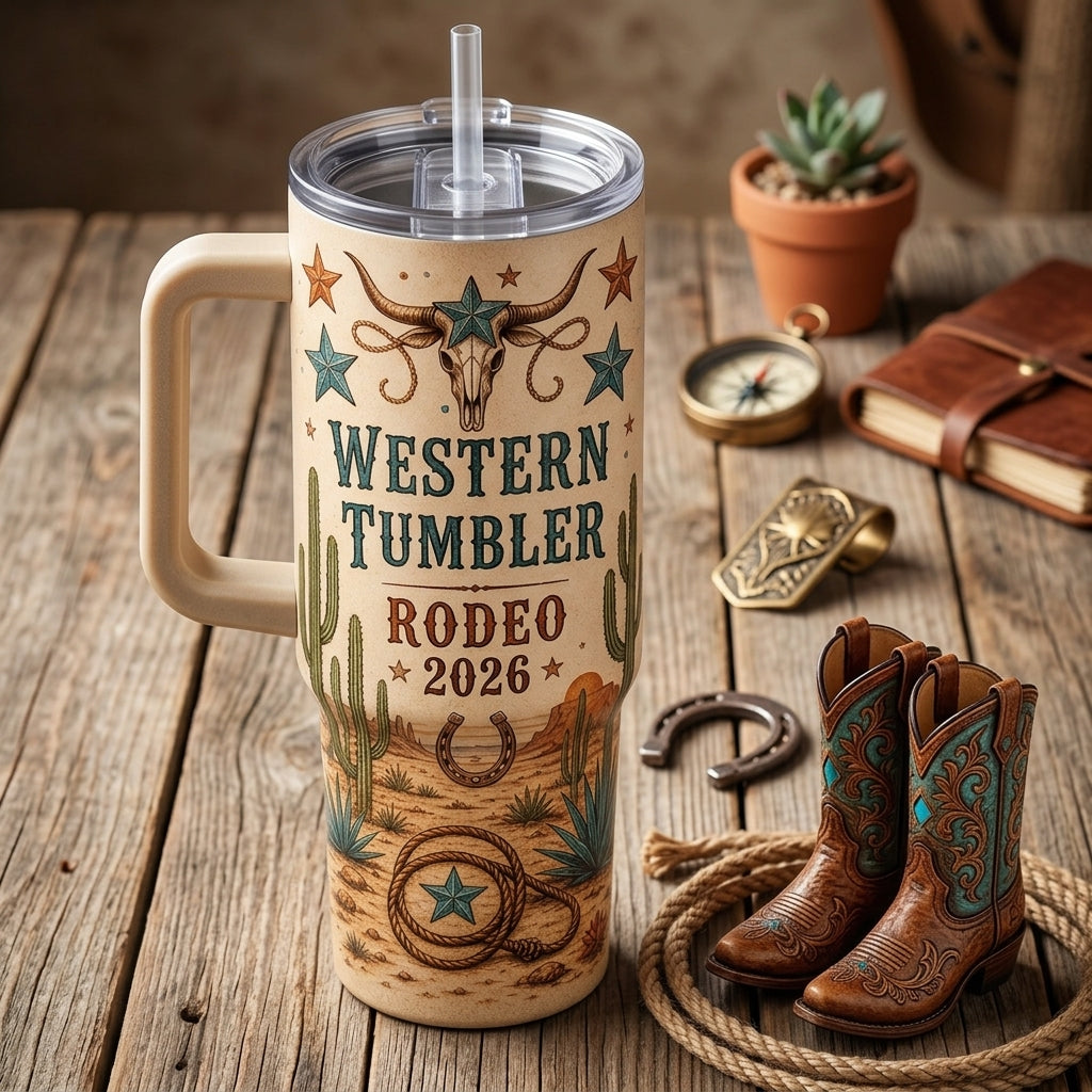 Personalized Western Cowboy 40oz Tumbler with Handle - Custom Name Rodeo Gift