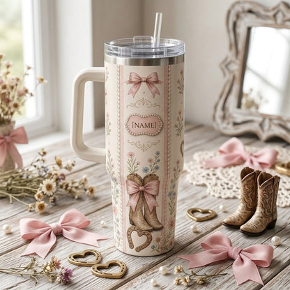 Personalized Pink Coquette Cowboy Boots 40oz Tumbler with Handle, Western Boho Floral Custom Name Travel Mug Gift