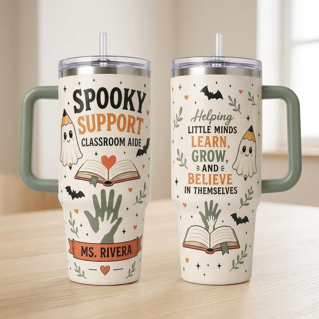 Personalized Spooky Support Classroom Aide 40oz Tumbler with Handle, Custom Halloween Gift for Teacher Aide