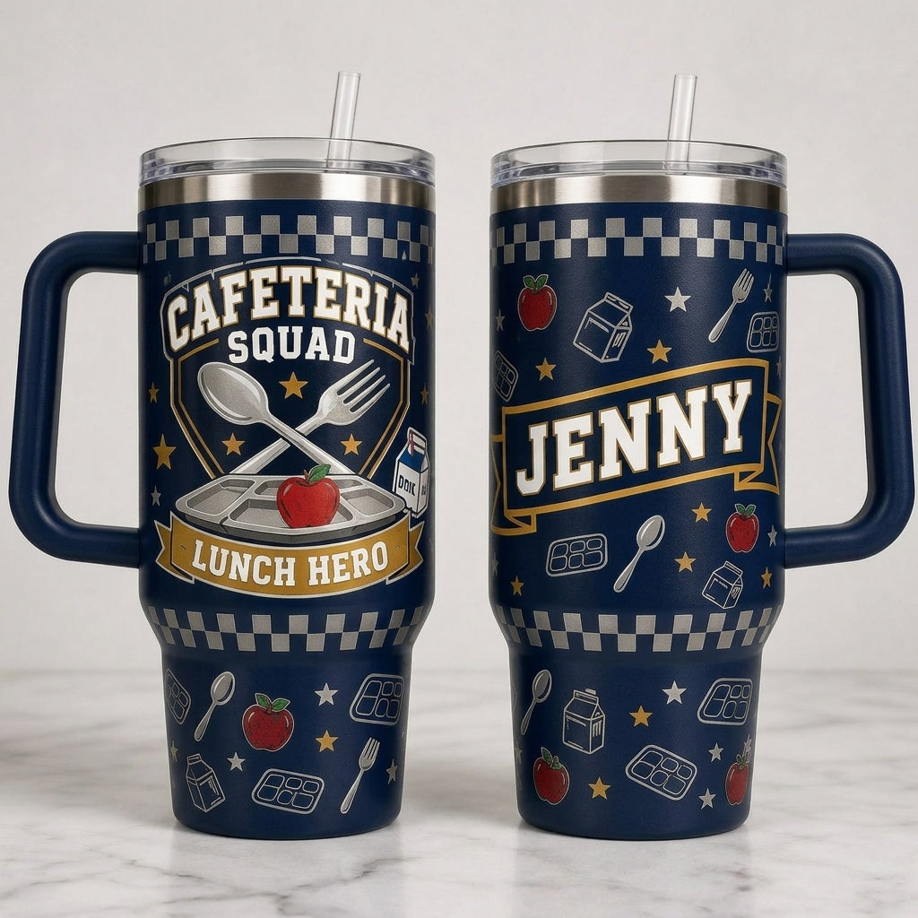 Personalized Cafeteria Squad Lunch Hero 40oz Tumbler with Handle - Custom Name School Staff Gift product view 2