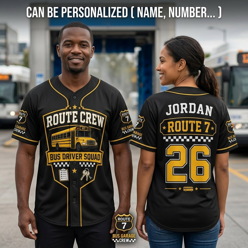 Personalized School Bus Driver Route Crew Baseball Jersey - Custom Name and Number Black Athletic Uniform