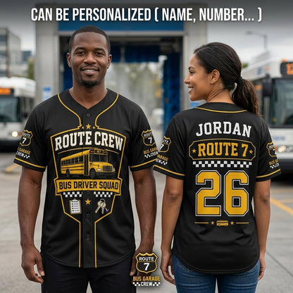 Personalized School Bus Driver Route Crew Baseball Jersey - Custom Name and Number Black Athletic Uniform
