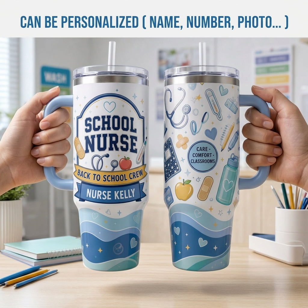 Personalized School Nurse 40oz Tumbler with Handle - Custom Name Back To School Crew Gift