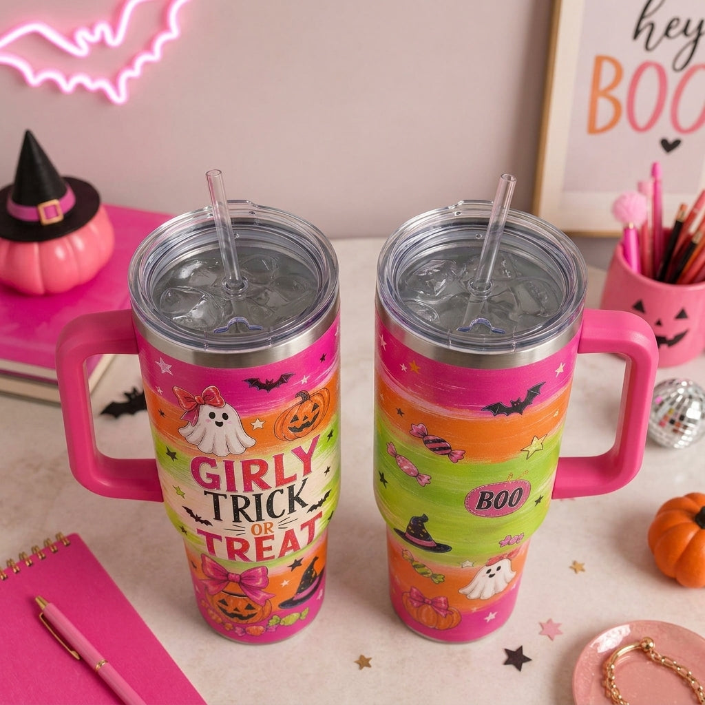 Girly Trick or Treat Halloween 40oz Tumbler with Handle - Pink Spooky Ghost & Pumpkin Hydration Cup