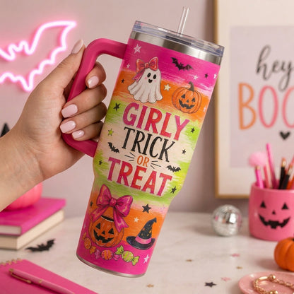 Girly Trick or Treat Halloween 40oz Tumbler with Handle - Pink Spooky Ghost & Pumpkin Hydration Cup