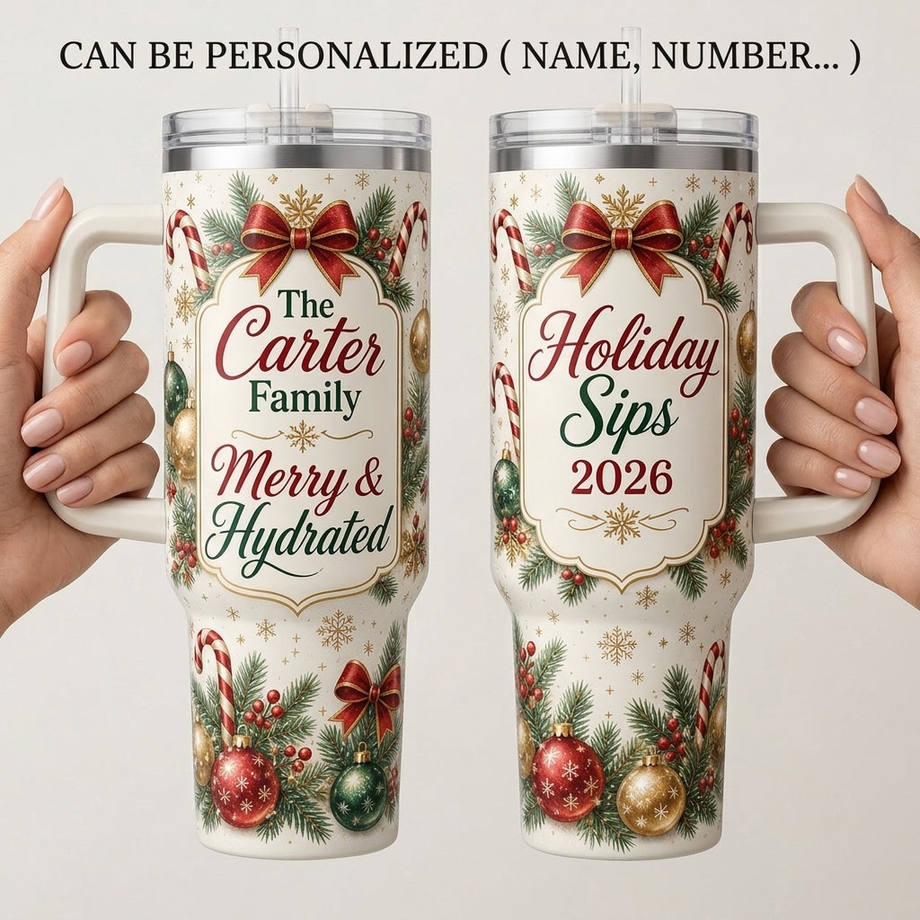 Personalized Christmas Family Name 40oz Tumbler with Handle - Custom Holiday Sips 2026 Insulated Travel Mug