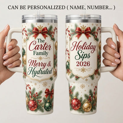 Personalized Christmas Family Name 40oz Tumbler with Handle - Custom Holiday Sips 2026 Insulated Travel Mug
