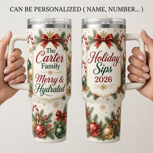 Personalized Christmas Family Name 40oz Tumbler with Handle - Custom Holiday Sips 2026 Insulated Travel Mug