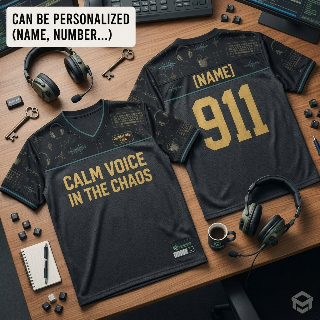 Personalized 911 Dispatcher Football Jersey - Custom Name Calm Voice in the Chaos Mesh Shirt - football jersey product view 2
