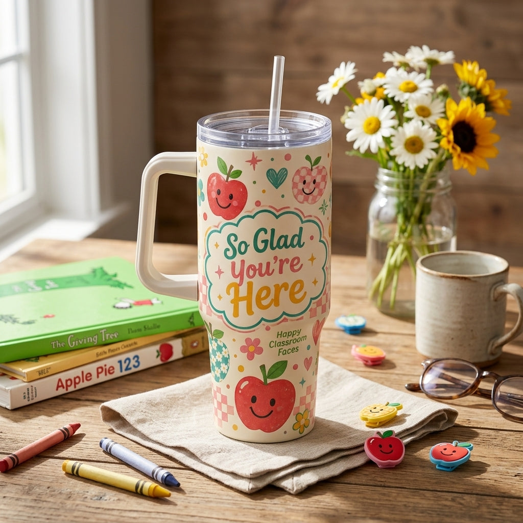 Personalized Teacher Tumbler 40oz with Handle - So Glad You're Here Custom Name Apple Gift