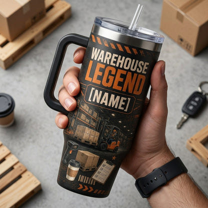 Personalized Warehouse Legend 40oz Tumbler with Handle - Custom Name Gift for Forklift Operator - 40oz tumbler mockup 4