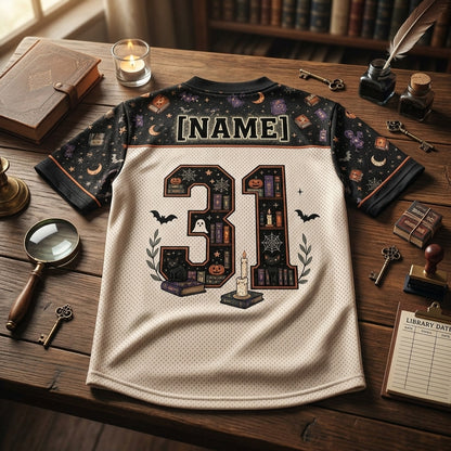 Personalized Spooky Librarian Halloween Football Jersey - Custom Name Ghost Reading Jersey