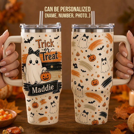 Personalized Halloween Ghost Trick or Treat 40oz Tumbler with Handle - Custom Name Gift